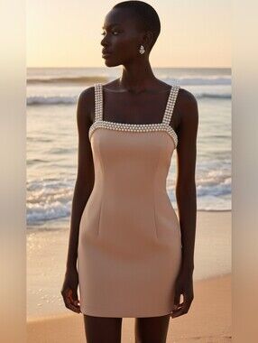 Odd Muse Ultimate Muse Faux Pearl Trim Minimalist Romantic Mini Dress in camel